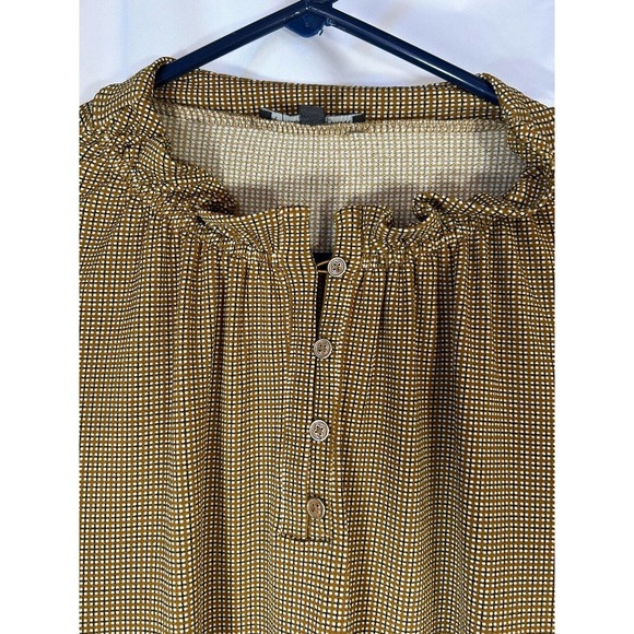 Adrianna Papell blouse Women's brown check 1/4 Button Top Ruffle Neck Sheer M - Picture 2 of 7